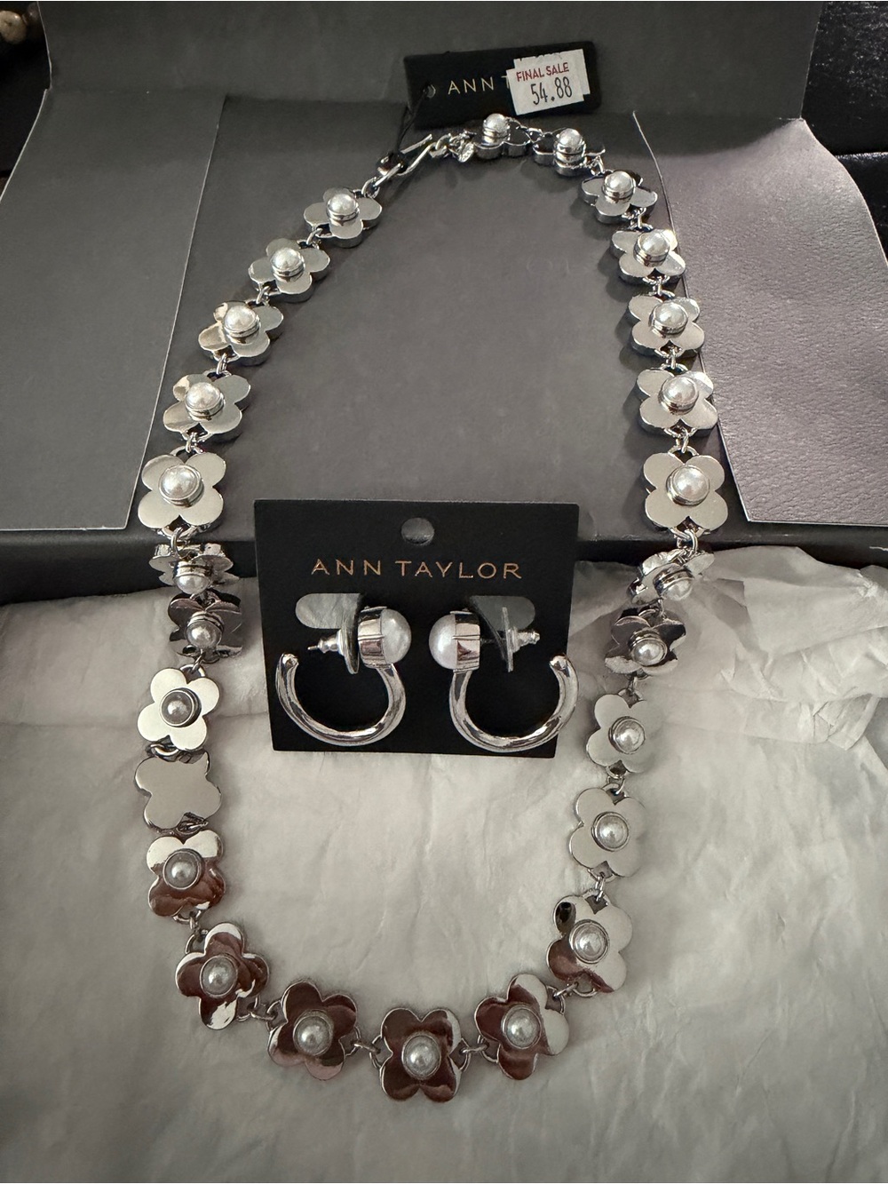 Ann Taylor Silver Floral Necklace and Hoop Earring Set